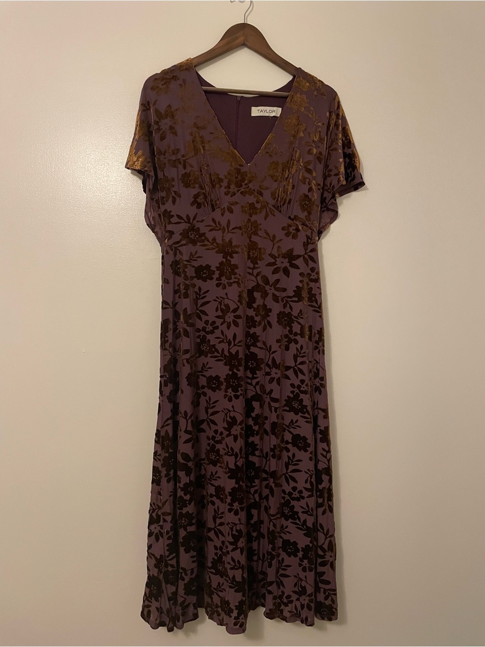 Taylor Plum Velvet Burnout Short Sleeve V-Neck Midi A-Line Dress